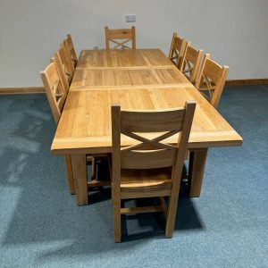 (TC355) Extra Large, Vancouver, Solid Oak, 1 Leaf Extending Table and 8 Chairs.