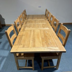 (TC380) Extra Large, Distressed Solid Oak, 2 Leaf Extending Table and 10 Chairs.